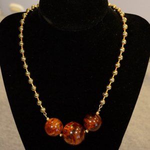 Swirled Amber Lucite & Gold Bead Necklace -Vintage
